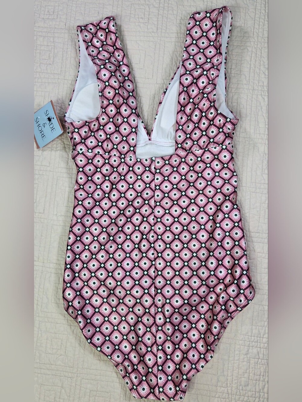 NWT Shade & Shore Pink Geometric Plunge Neck Tummy Control One Piece Swimsuit... - Picture 2 of 9